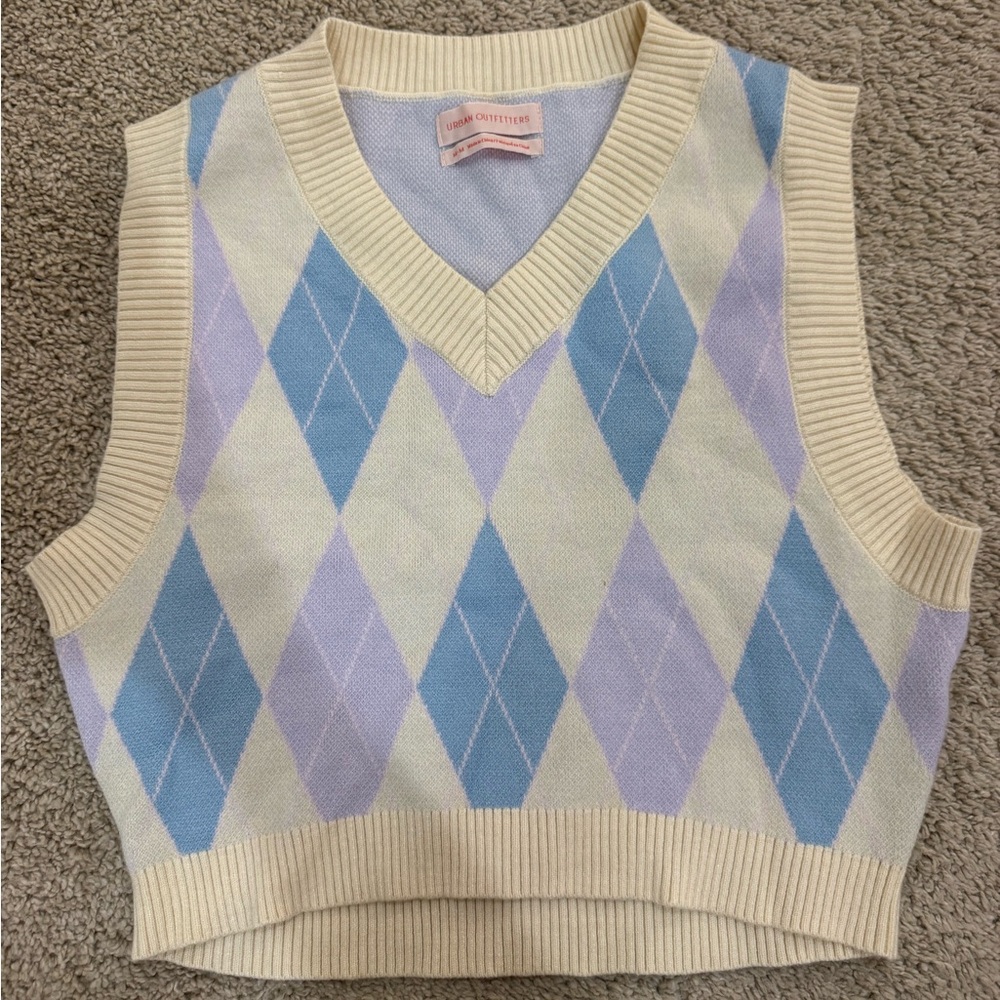 Urban Outfitters Cream, Light Blue & Lavender Argyle Knit Sweater Vest
